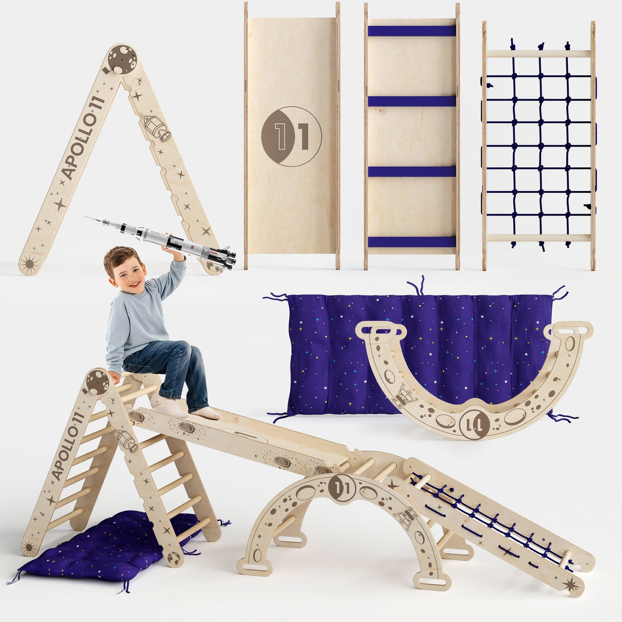 Apollo 5in1 Climbing Set: &Nbsp;Pikler Triangle, Net, Arch, Slide Board, and Cushion for Little Astronauts