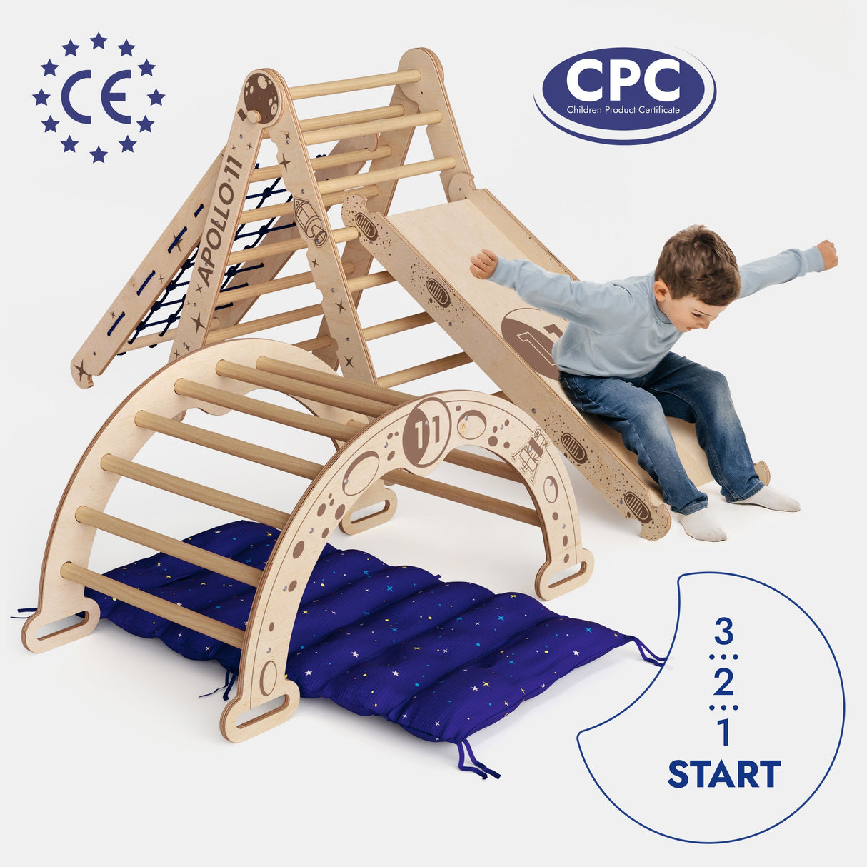 Apollo 5in1 Climbing Set: &Nbsp;Pikler Triangle, Net, Arch, Slide Board, and Cushion for Little Astronauts