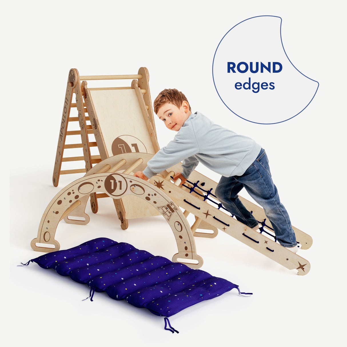 Apollo 5in1 Climbing Set: &Nbsp;Pikler Triangle, Net, Arch, Slide Board, and Cushion for Little Astronauts