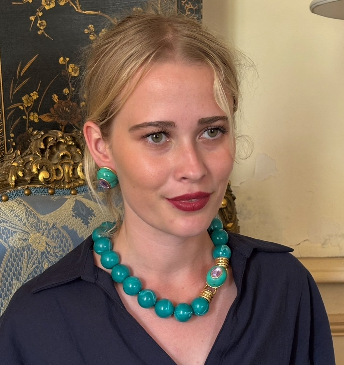 Stephanie Malachite Resin Clip Earring With Pink Glass Stone