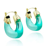 Transparent Teal Blue Resin and Gold Hoop Earrings