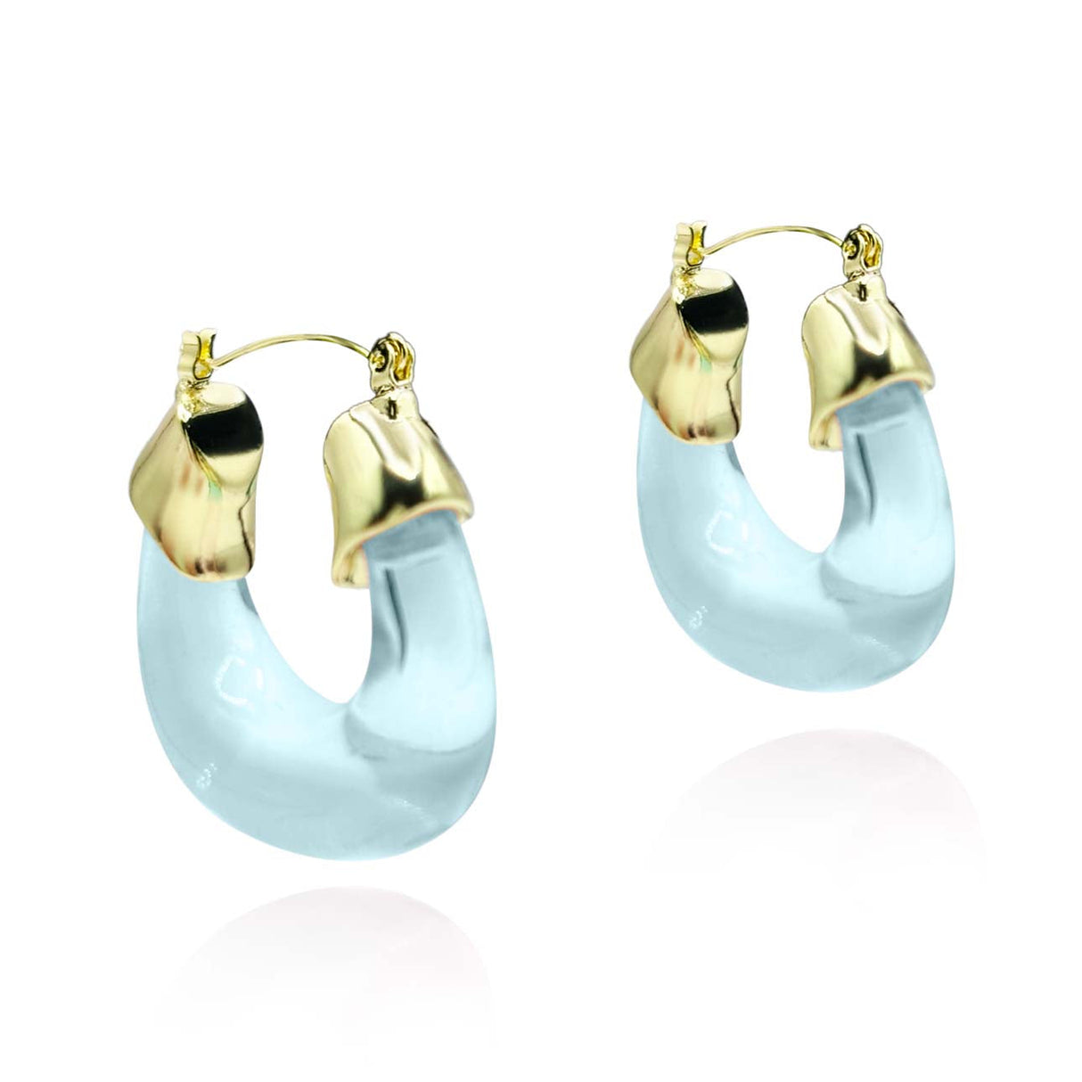 Transparent Aqua Resin and Gold Hoop Earrings