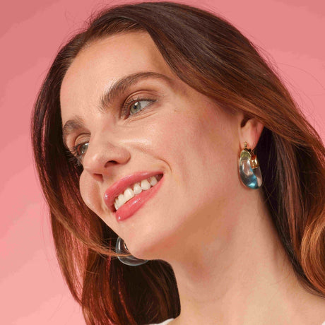 Transparent Aqua Resin and Gold Hoop Earrings