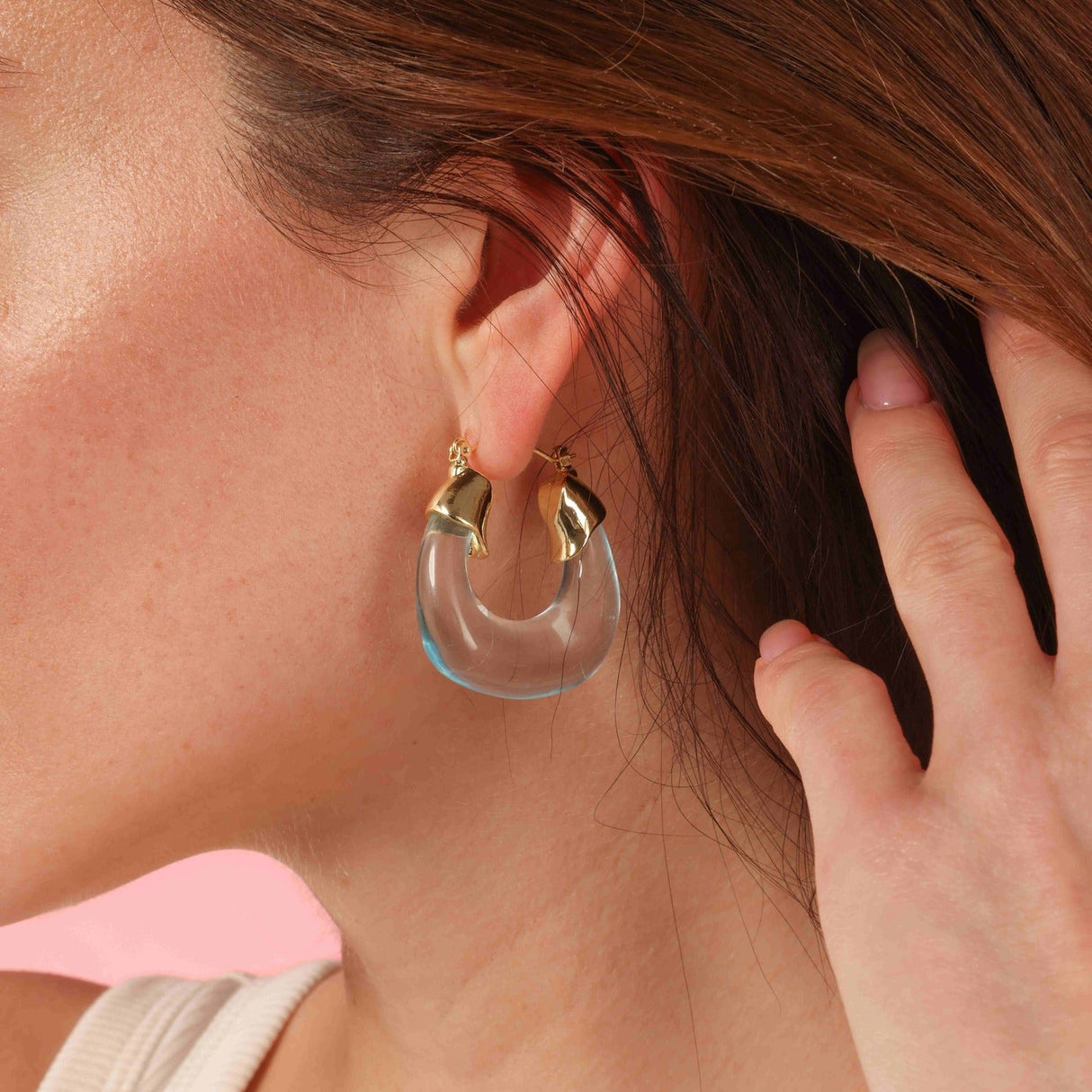 Transparent Aqua Resin and Gold Hoop Earrings
