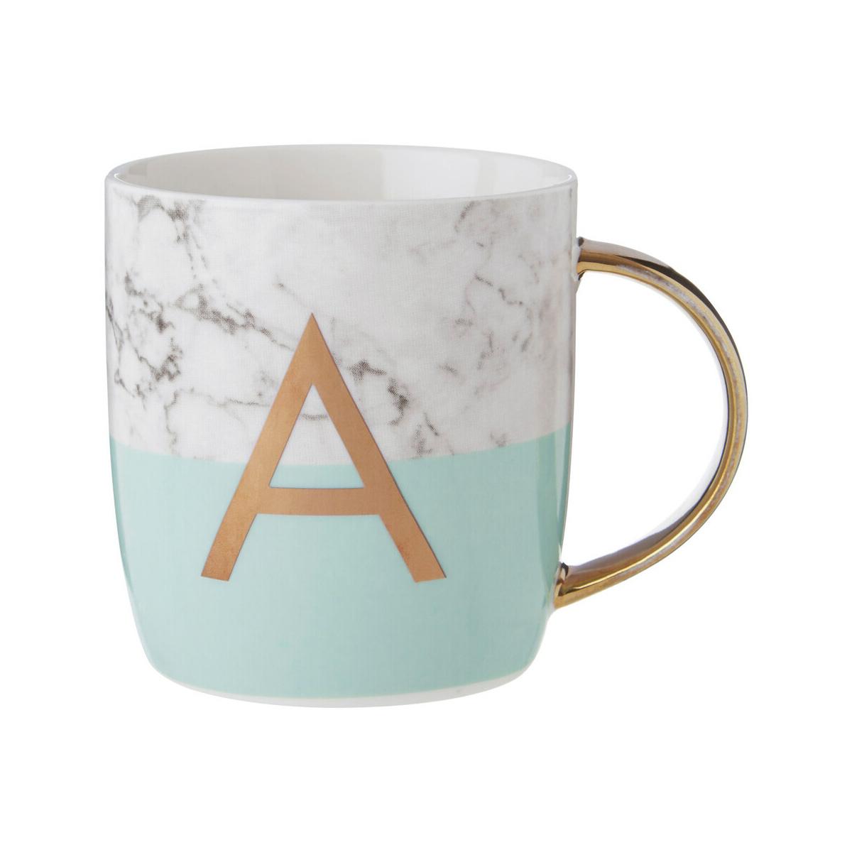 Frosted Deco Marble Effect and Pastel Green Monogram Mug, A