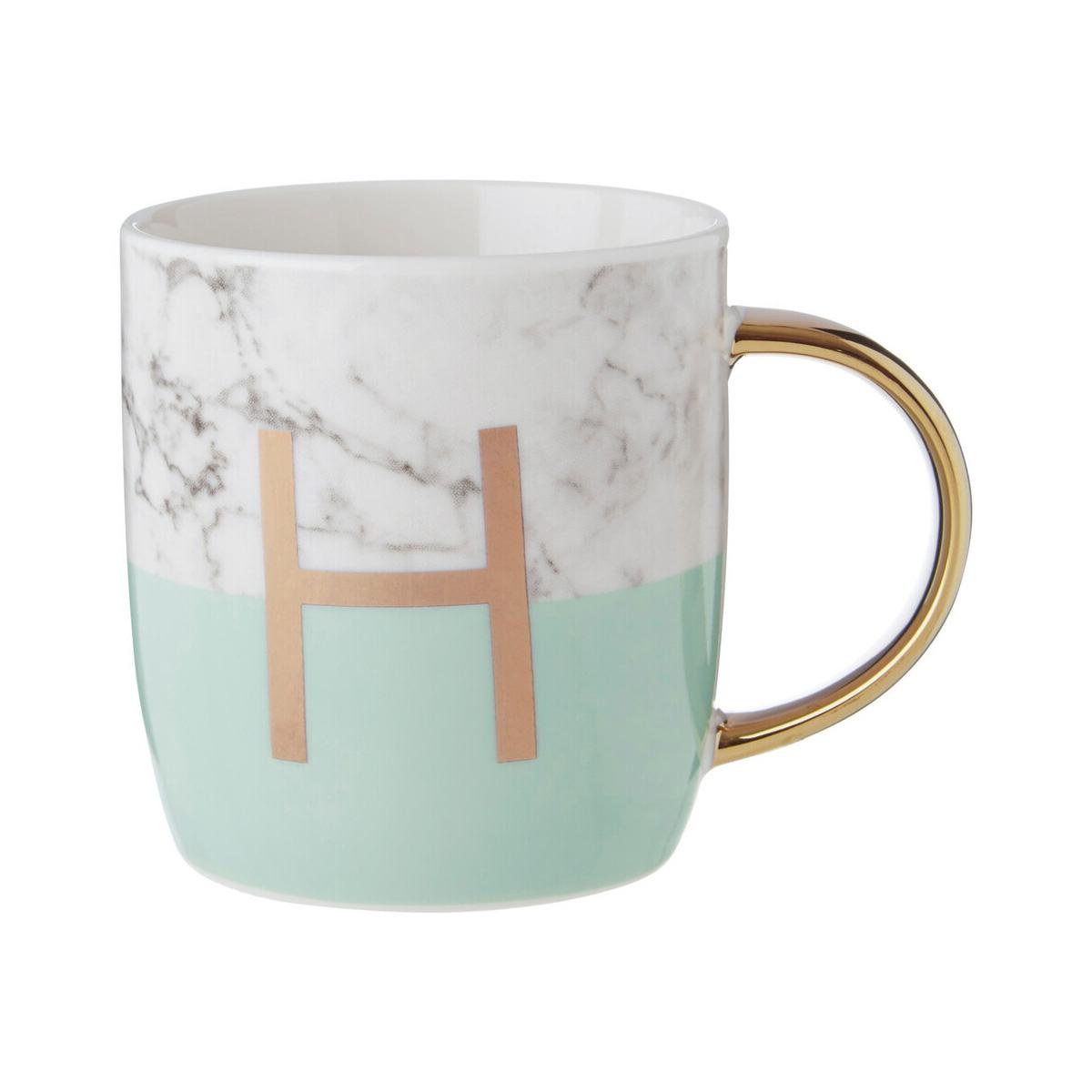 Frosted Deco Marble Effect and Pastel Green Monogram Mug, H