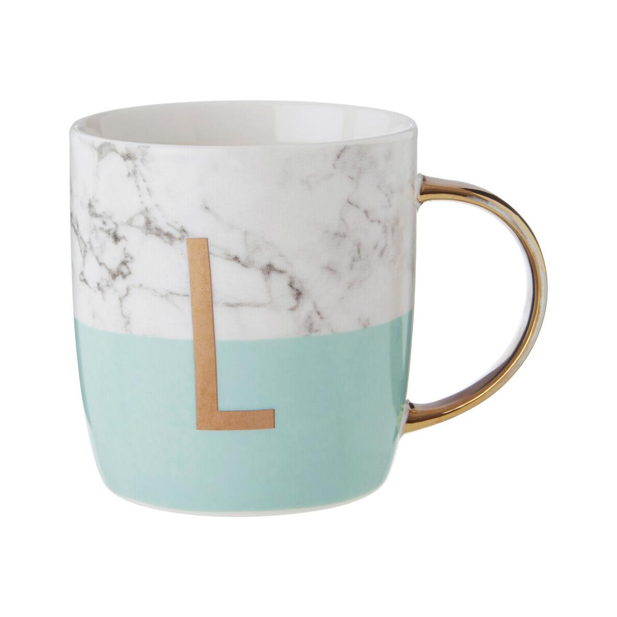 Frosted Deco Marble Effect and Pastel Green Monogram Mug, L