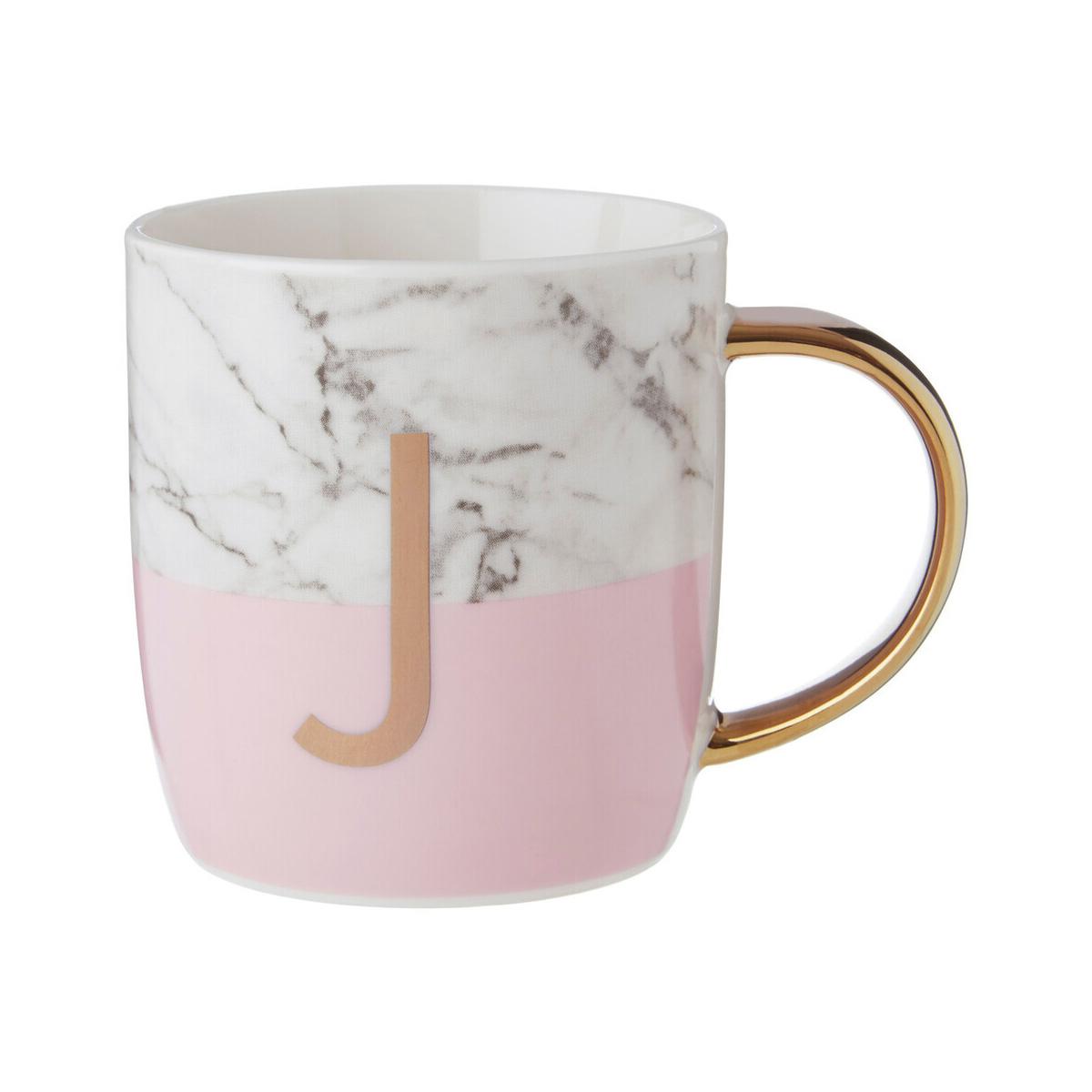 Frosted Deco Marble Effect and Pink Monogram Mug, J