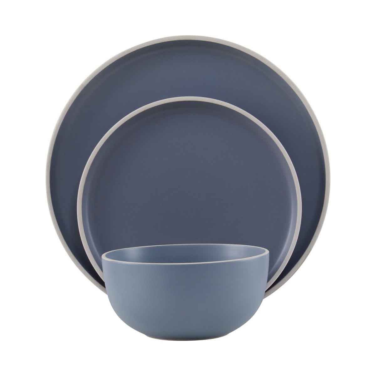 Elmira Twelve Piece Blue Stoneware Dinner Set With Grey Rim