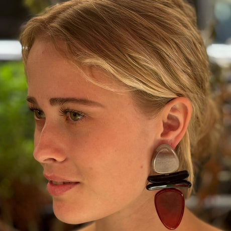 LUISA BONE and BLACK and RED CARNELIAN DROP RESIN EARRINGS