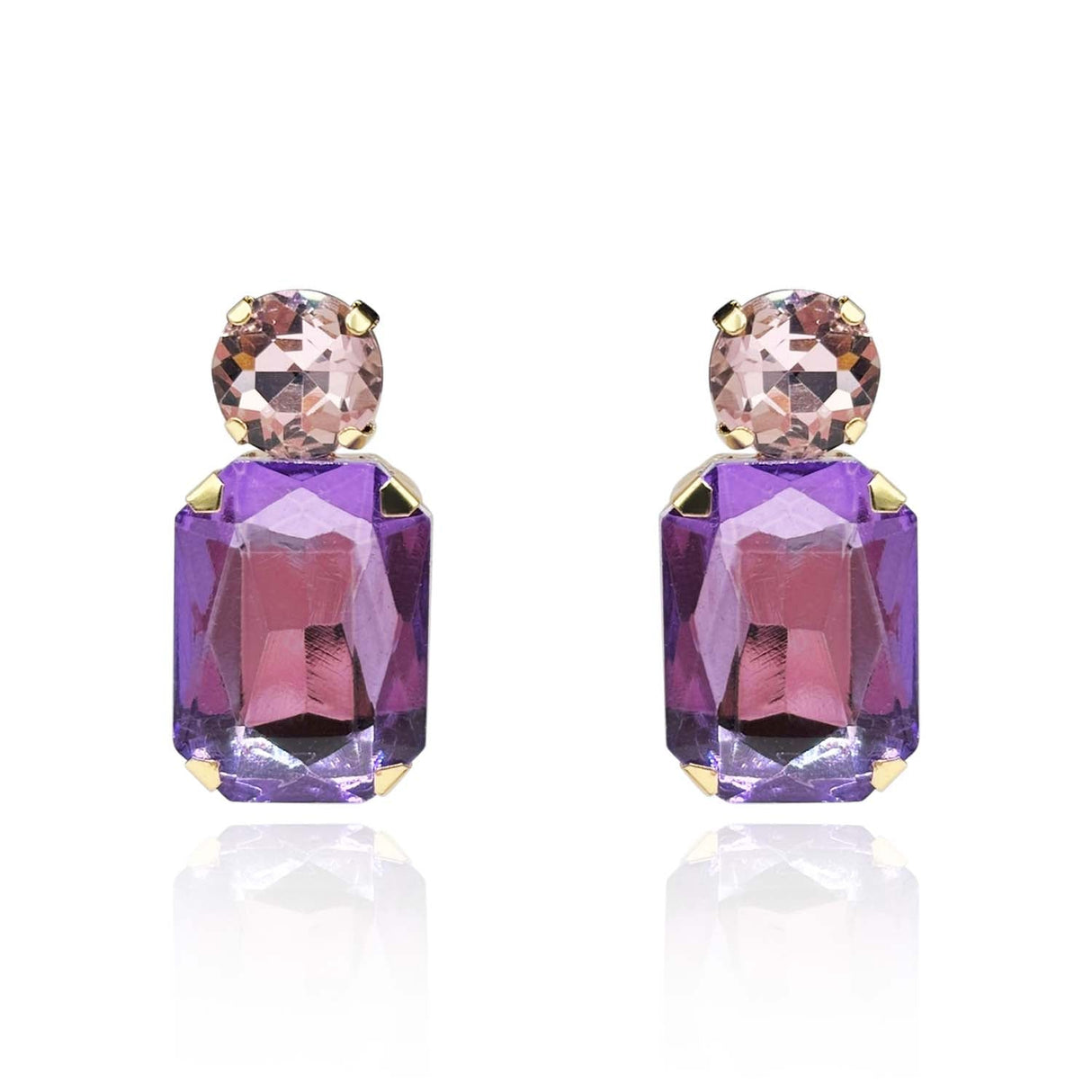 Light Amethyst Crystal Ocatgon and Light Rose Round Stone Drop Earrings