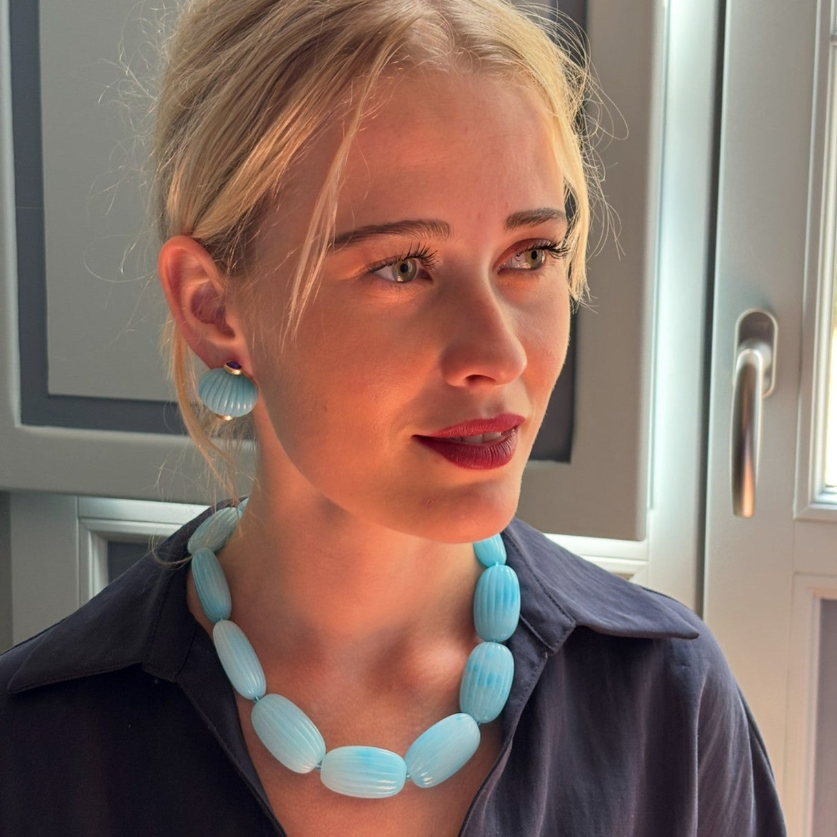Luisa Carved Turquoise and Amethyst Resin Earrings Omega Pierced Back
