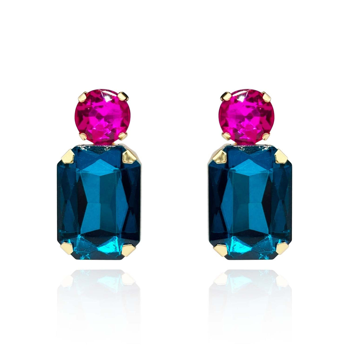Peacock Blue Crystal Ocatgon and Fuschia Round Stone Drop Earrings
