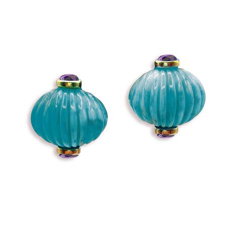 Luisa Carved Turquoise and Amethyst Resin Earrings Omega Pierced Back