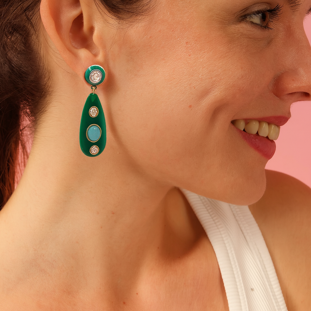 Sofia Green Resin and Enamel Pierced Earrings With Light Amethyst Crystal Stones