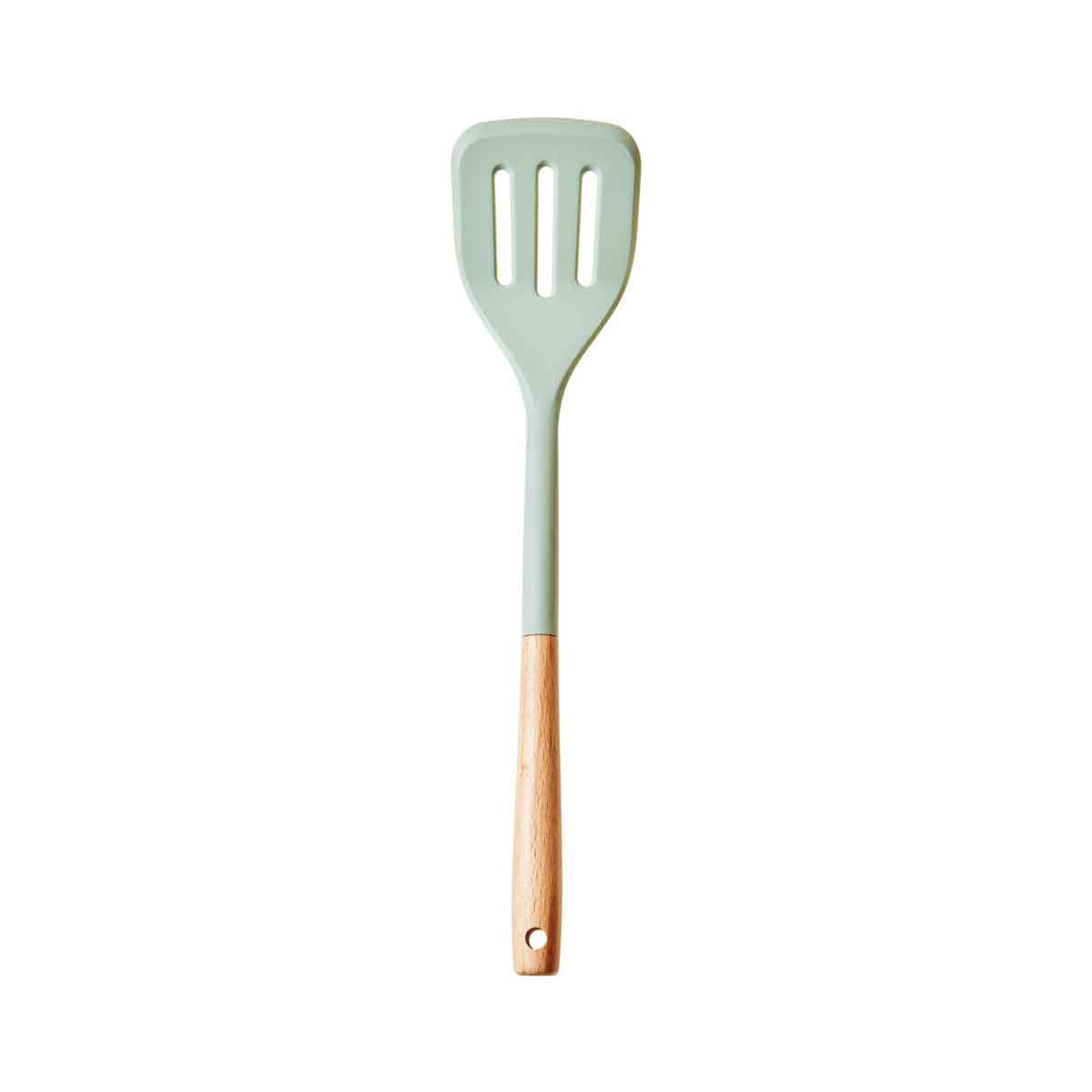 Nova Sage Green Silicone Head Slotted Turner With Round Wood Handle