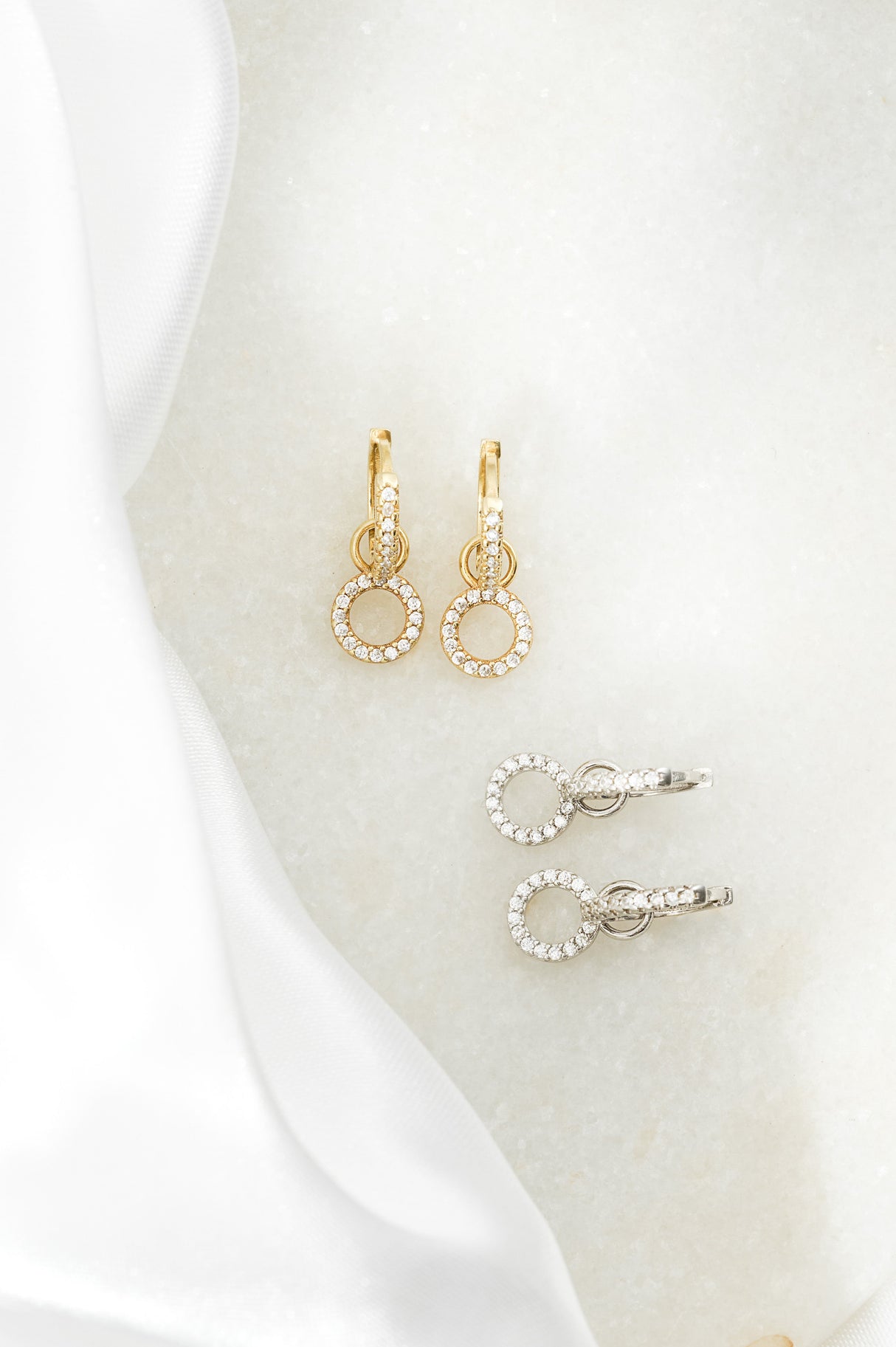 Circle Drop Hoop Huggie Earrings: Silver