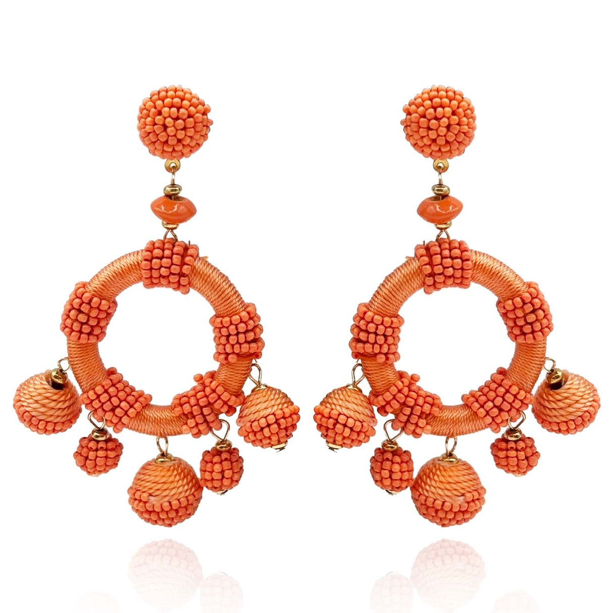 Coral Silk Hand Beaded Drop Earrings