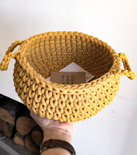Crochet Flat Basket, Small | MUSTARD