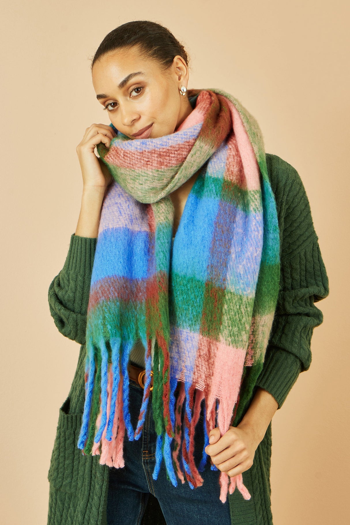 Yumi Blue And Pink Check Soft Scarf