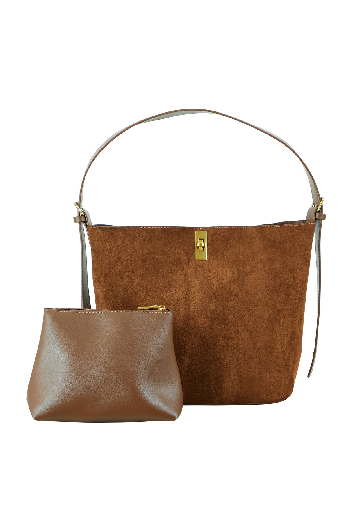 Yumi Tan Faux Suede Bag With Inside Pouch