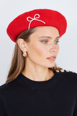 Yumi Red Pearl Bow Beret