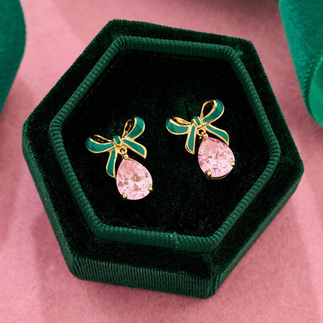 Amelia Bow Earrings Emerald, Blush Pink & Gold