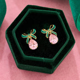 Amelia Bow Earrings Emerald, Blush Pink & Gold
