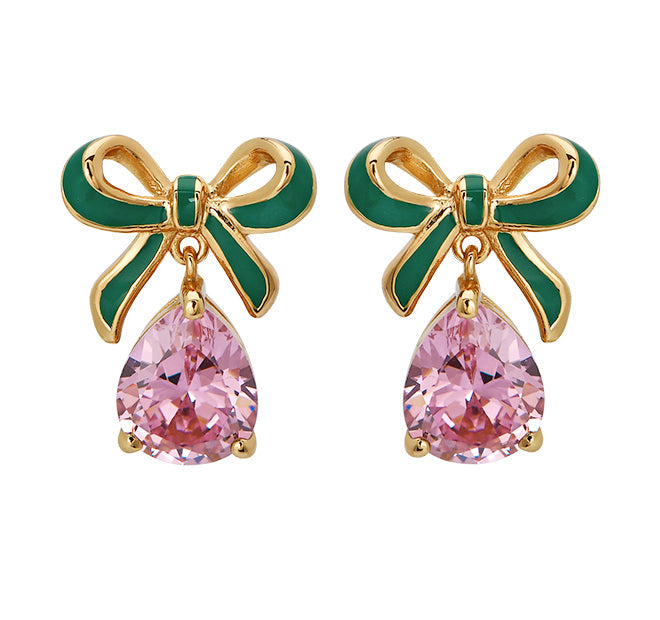 Amelia Bow Earrings Emerald, Blush Pink & Gold