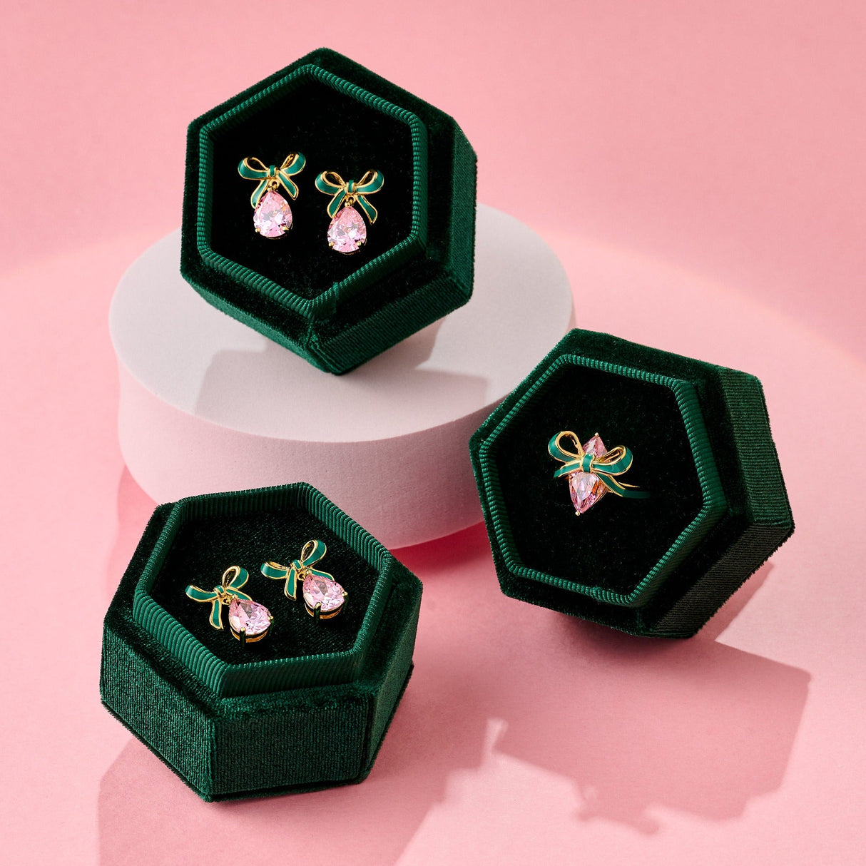 Amelia Bow Earrings Emerald, Blush Pink & Gold