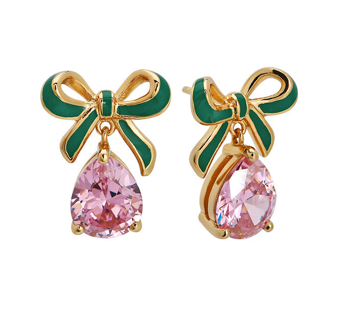 Amelia Bow Earrings Emerald, Blush Pink & Gold