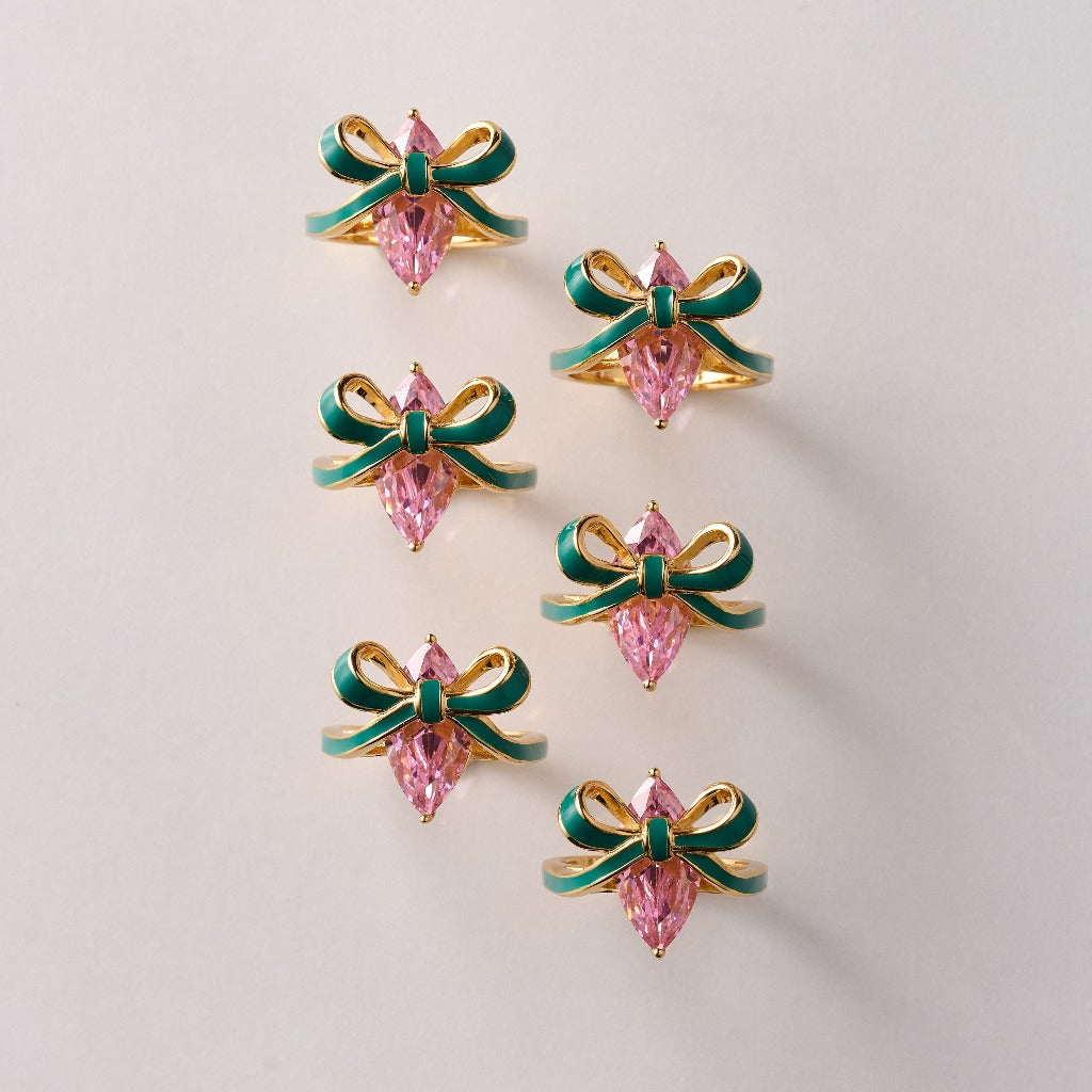 Amelia Bow Ring Emerald, Blush Pink & Gold