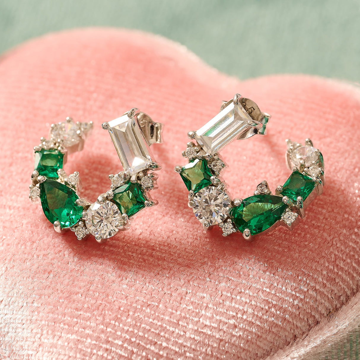 Lottie Cluster Earrings Emerald Green & Silver