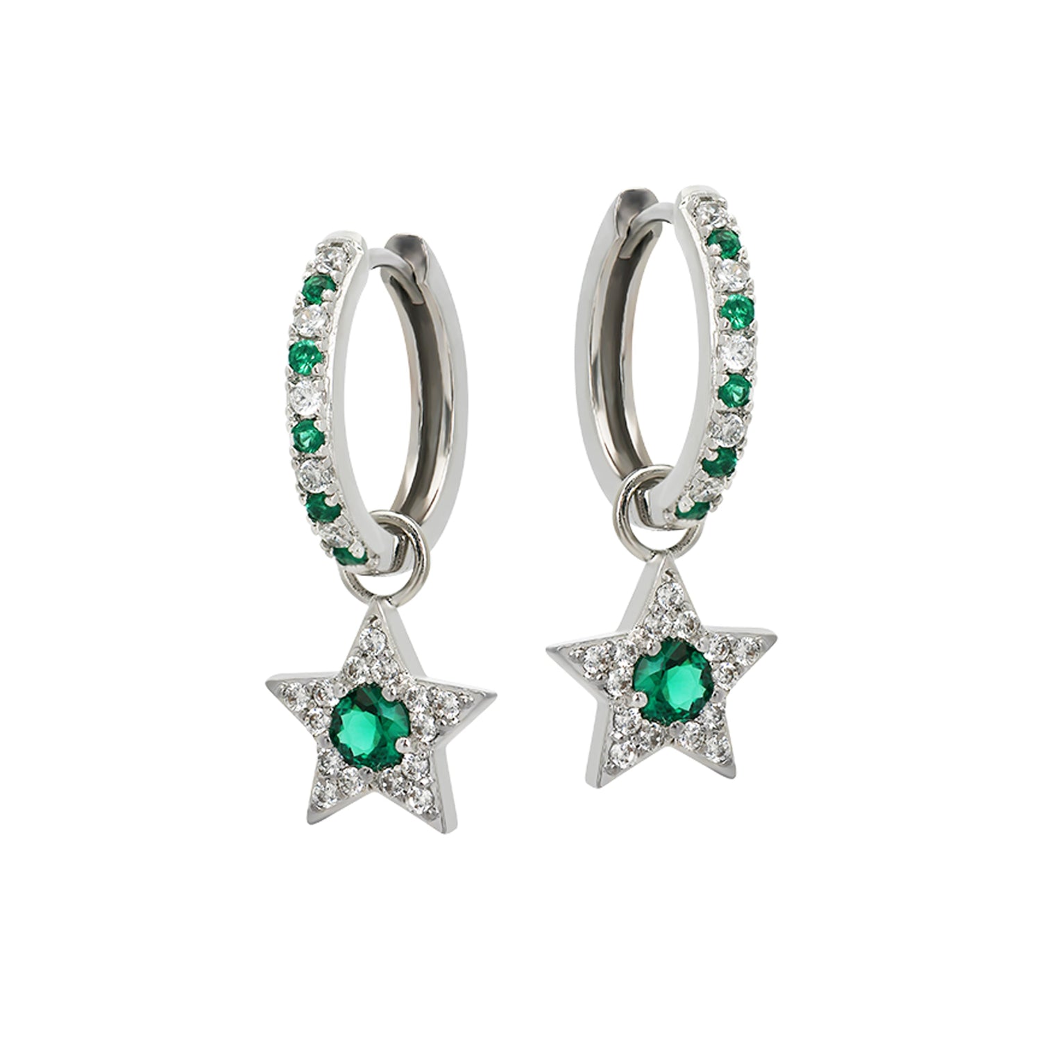 Celeste Mini Star Hoop Earrings Emerald Green & Silver