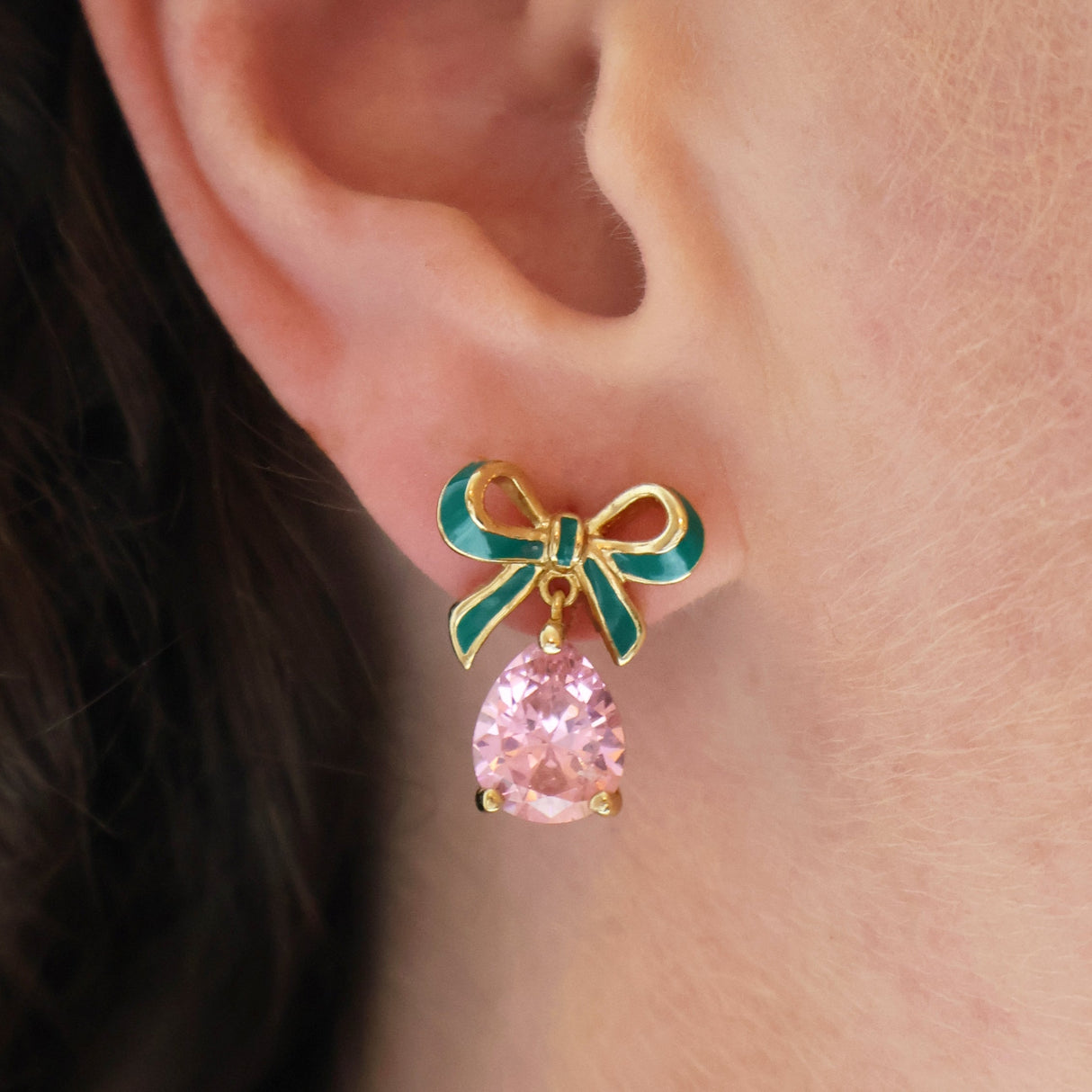Amelia Bow Earrings Emerald, Blush Pink & Gold