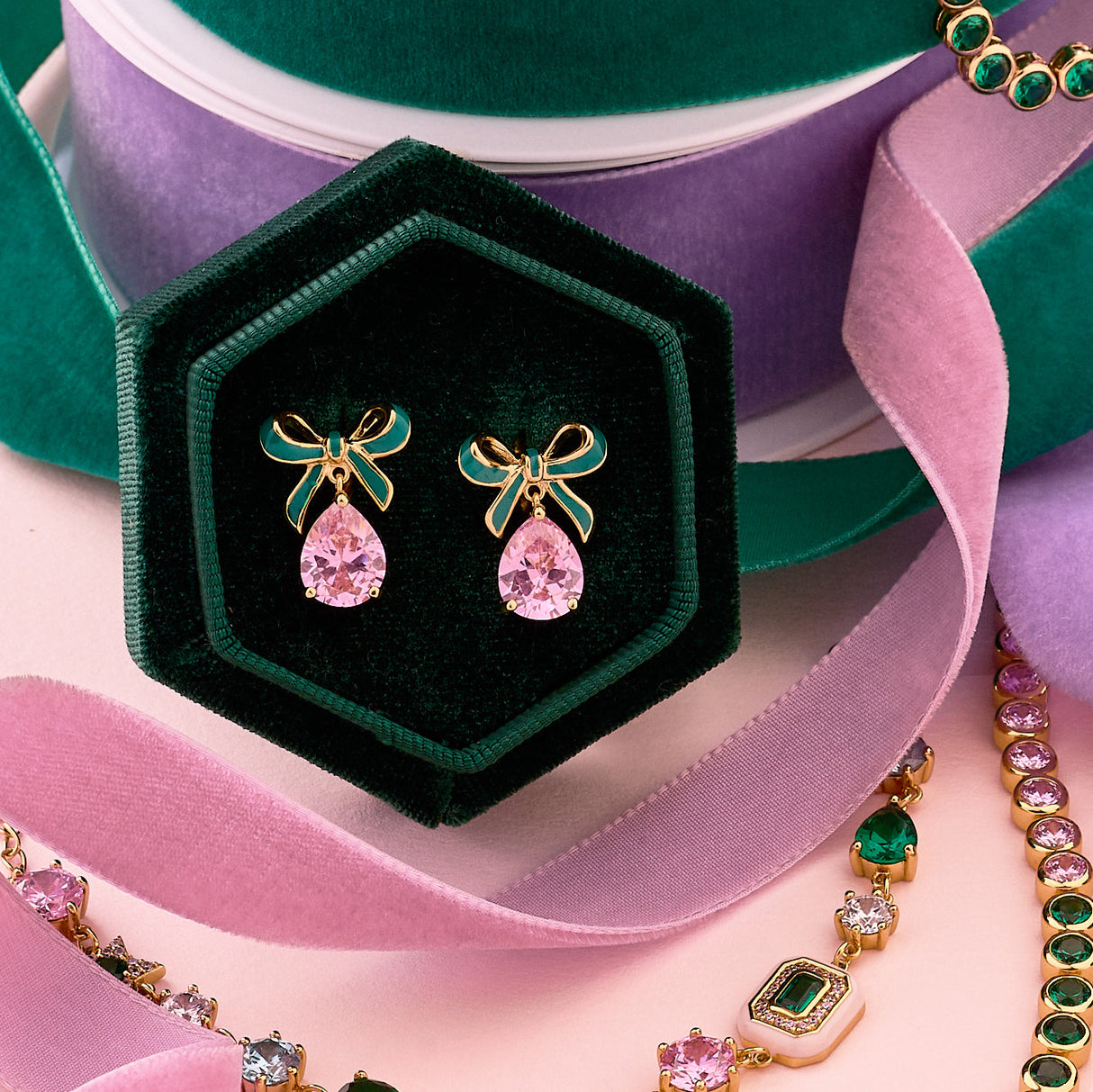 Amelia Bow Earrings Emerald, Blush Pink & Gold