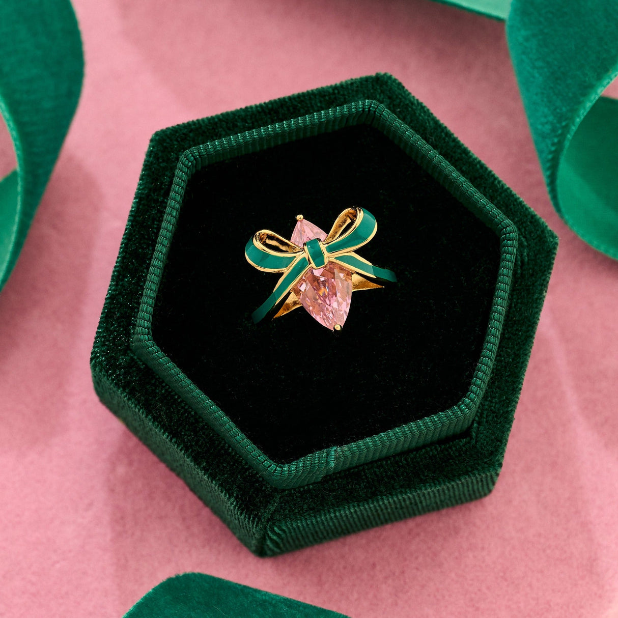 Amelia Bow Ring Emerald, Blush Pink & Gold