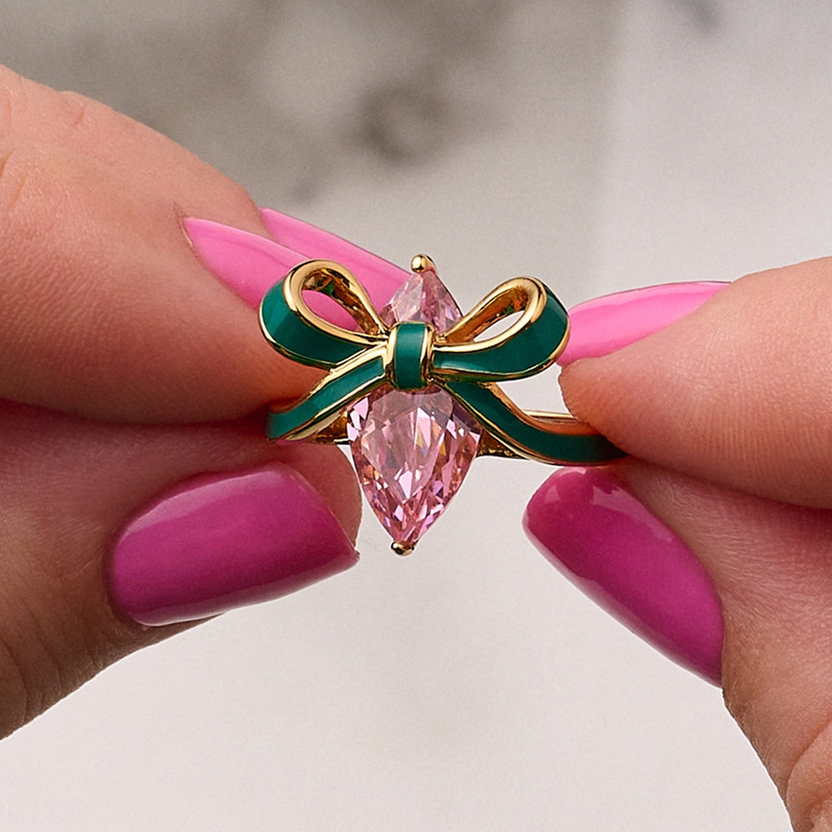 Amelia Bow Ring Emerald, Blush Pink & Gold