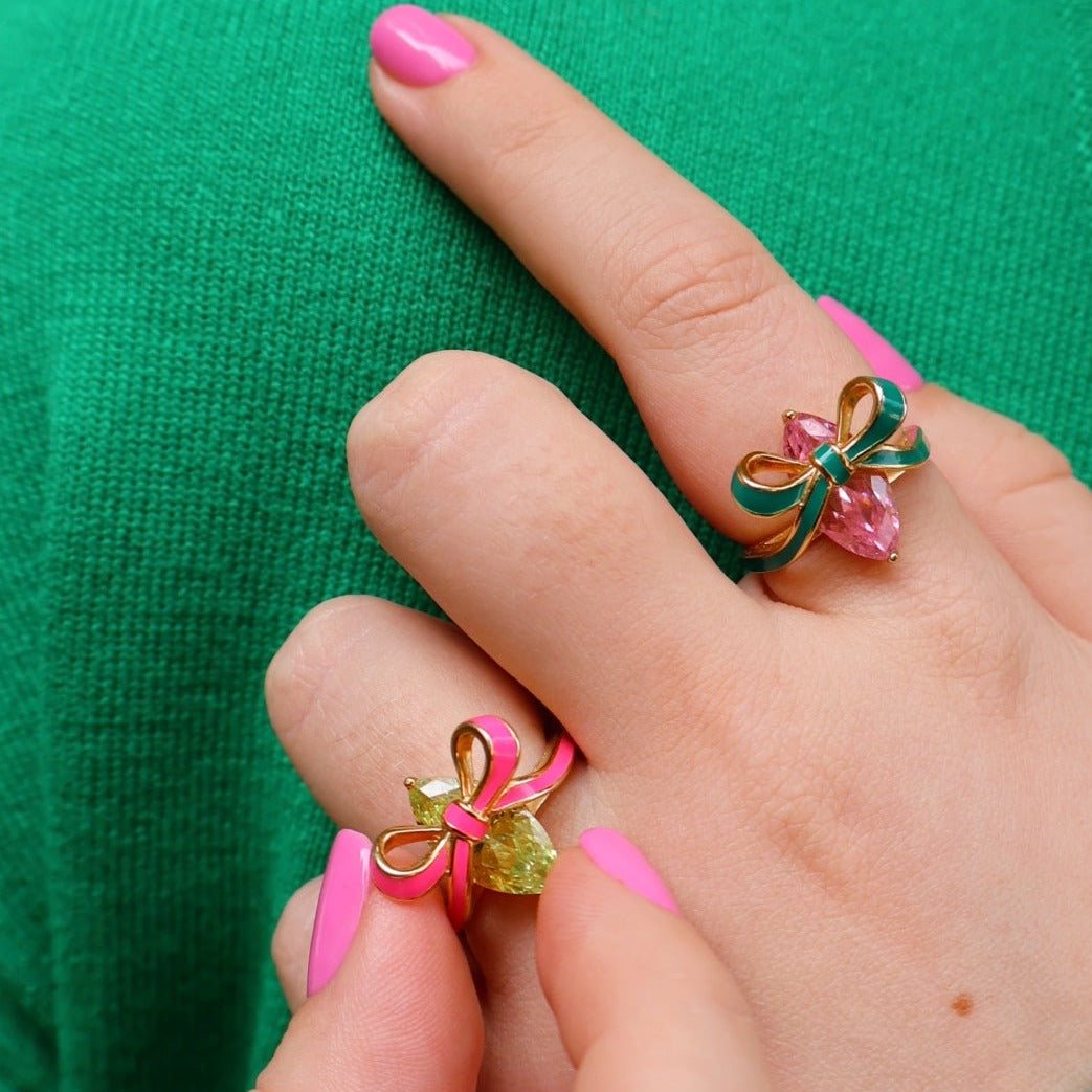 Amelia Bow Ring Bright Pink, Lime Green & Gold