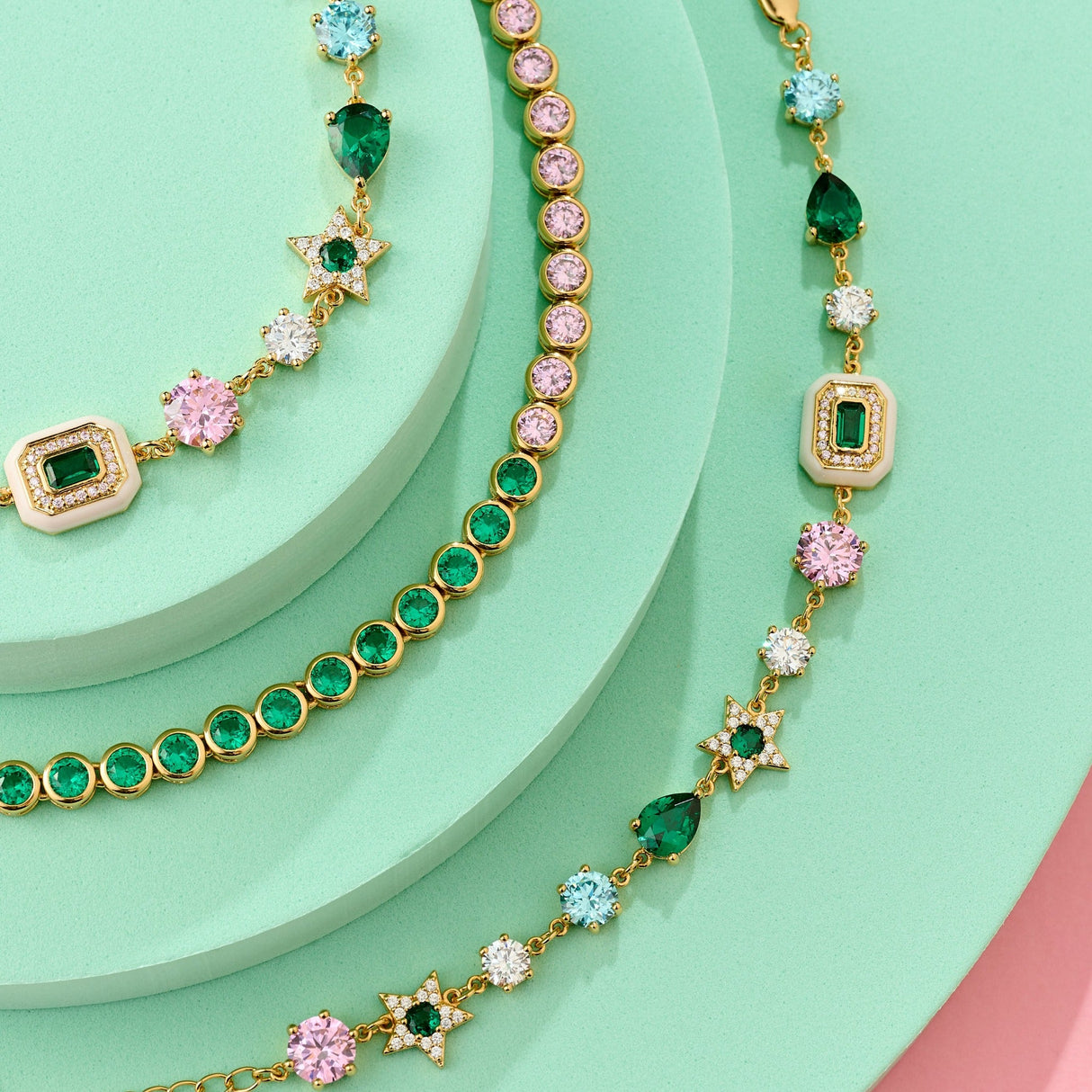 Celeste Cluster Bracelet Blush Pink, Emerald Green & Gold