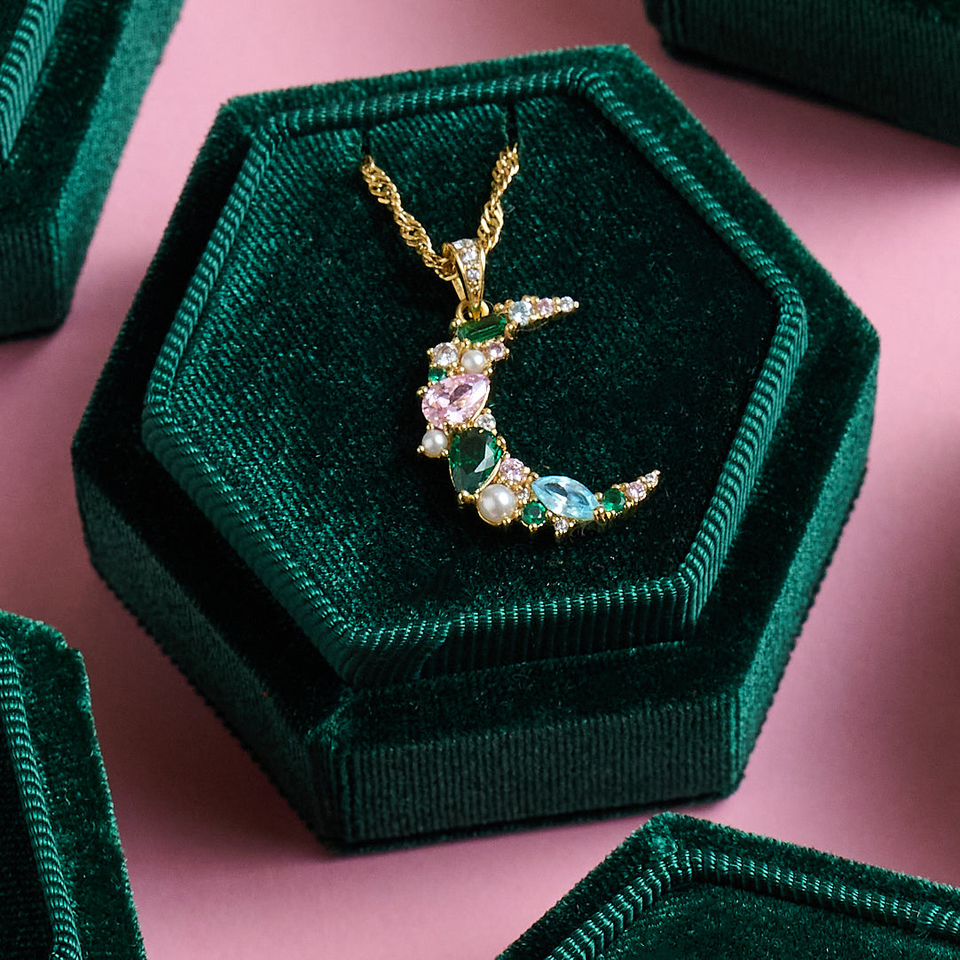 Celeste Cluster Moon Pendant Necklace Blush Pink, Emerald Green & Gold