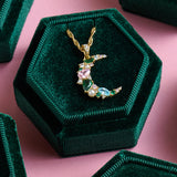 Celeste Cluster Moon Pendant Necklace Blush Pink, Emerald Green & Gold