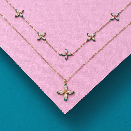 Lucky Clover Choker Necklace Emerald Enamel, Blush Pink & Gold