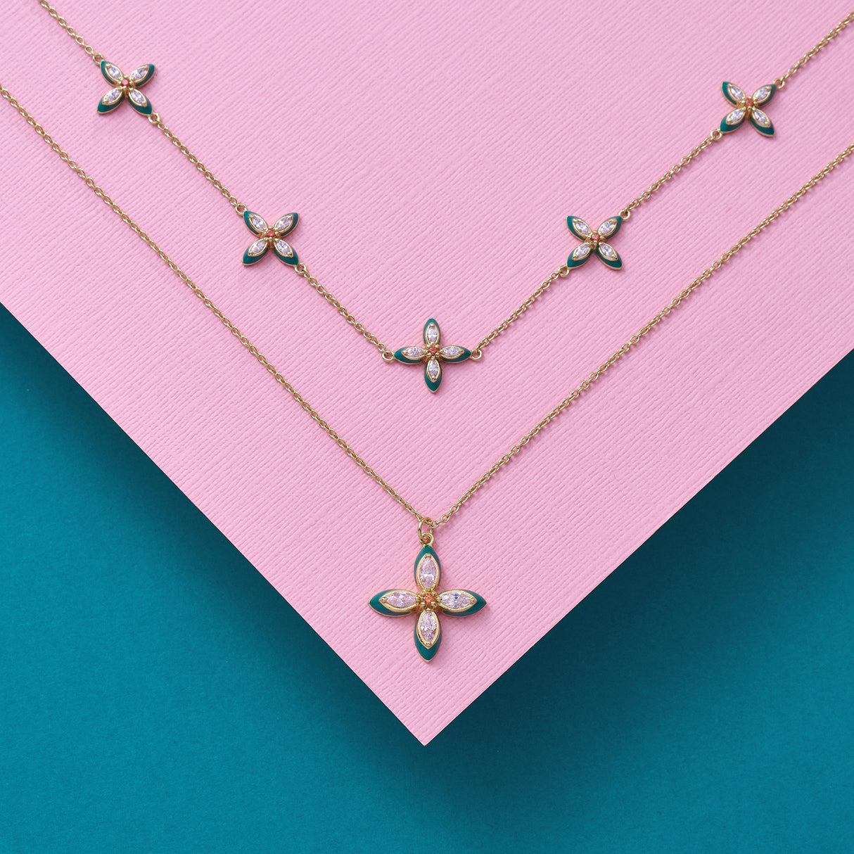Lucky Clover Pendant Necklace Emerald Enamel, Blush Pink & Gold