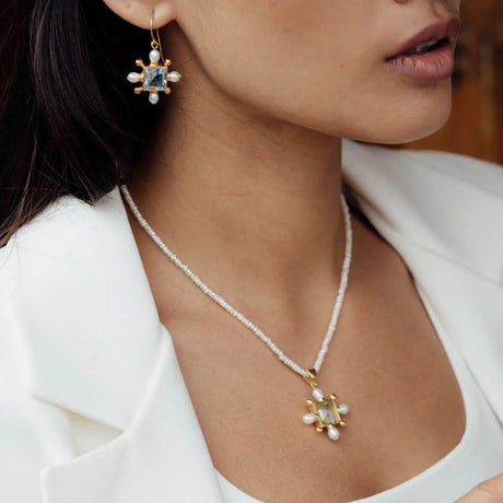 Seed Pearl Necklace With Blue Topaz Cross Pendant