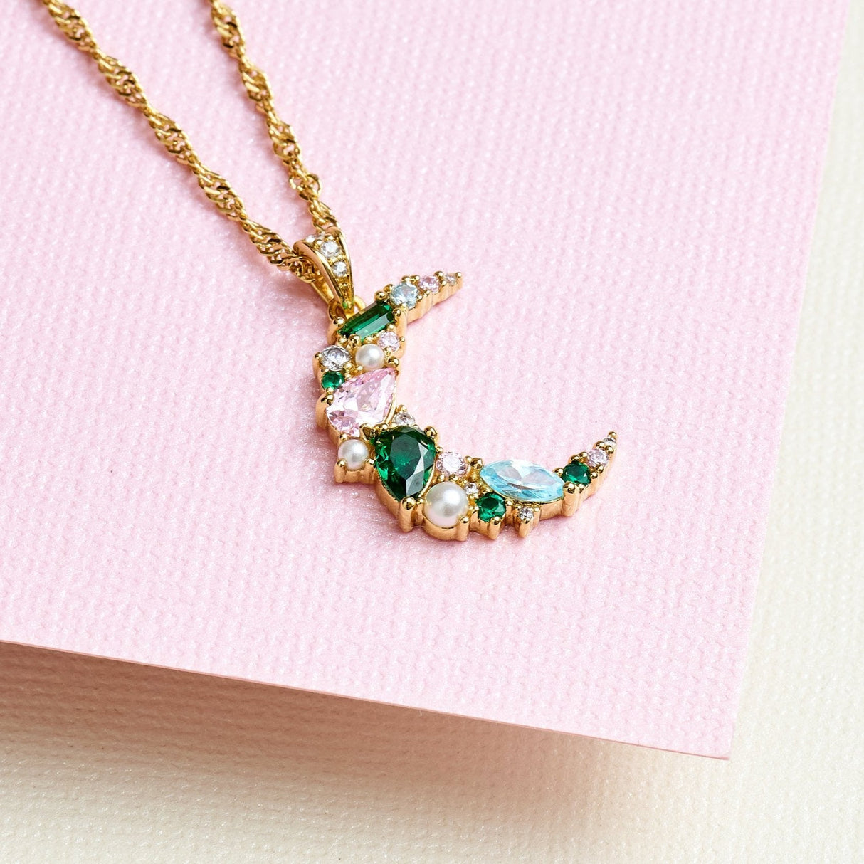 Celeste Cluster Moon Pendant Necklace Blush Pink, Emerald Green & Gold