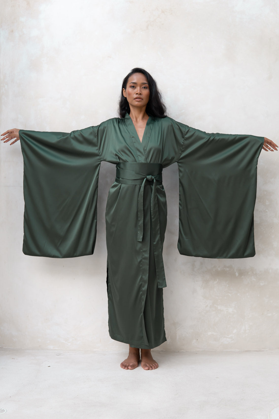 Satin Kimono Robe in Green