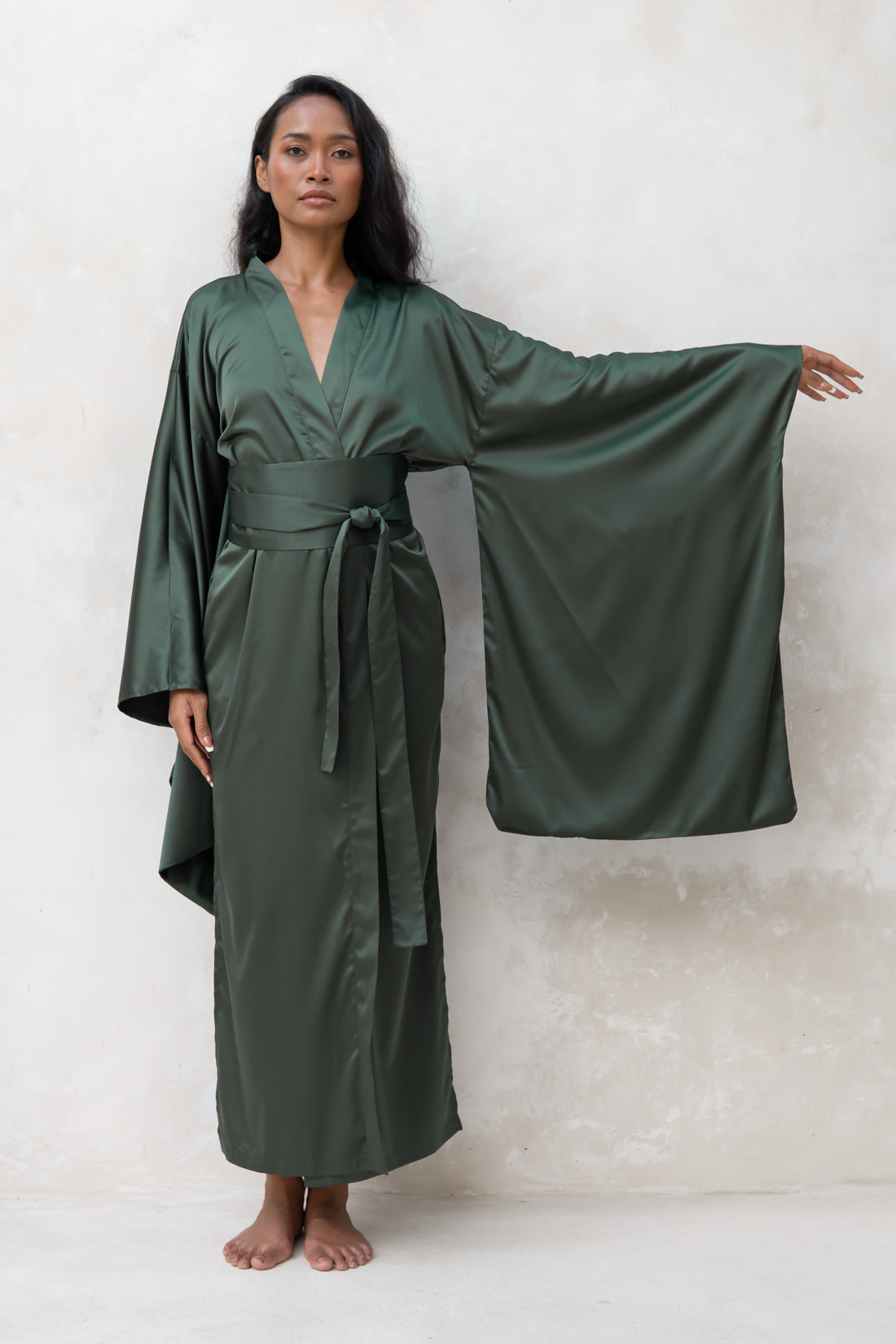 Satin Kimono Robe in Green