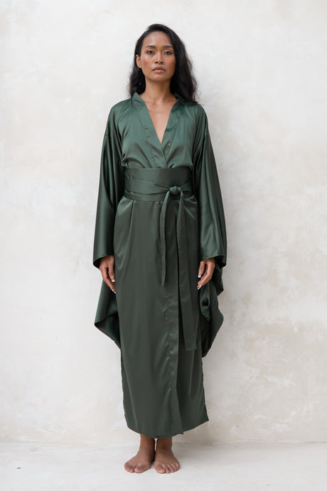 Satin Kimono Robe in Green