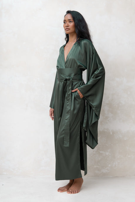 Satin Kimono Robe in Green